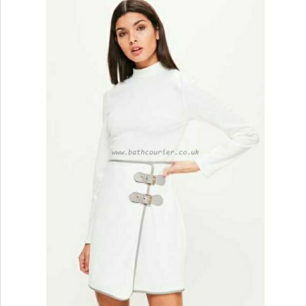 White high neck buckle bodycon dress